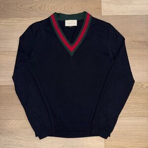 Gucci Web Collar Black Wool V-Neck Sweater